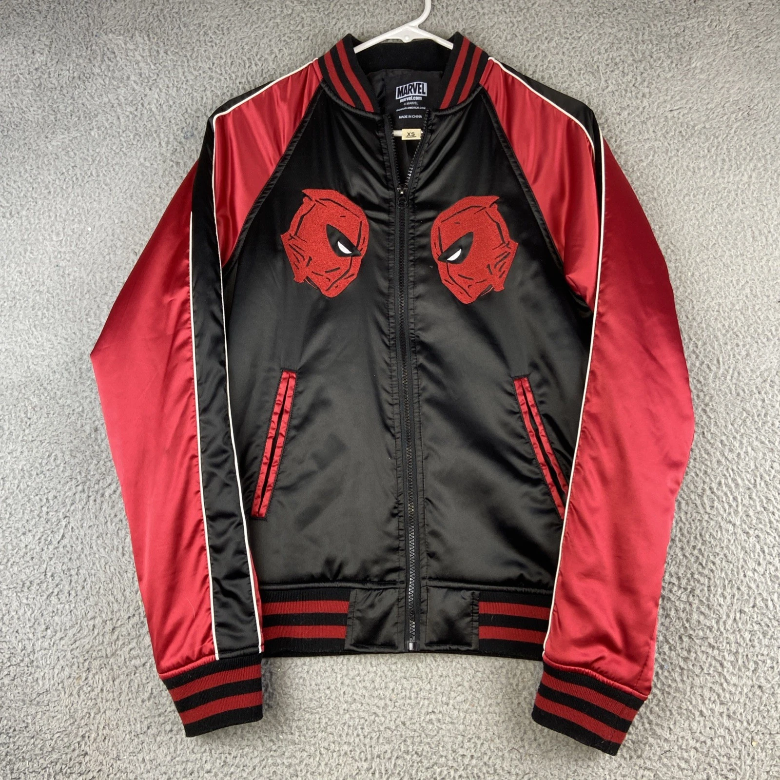 Marvel Deadpool Men's Varsity Style Jacket - Red Black Satin - Size Men's XS