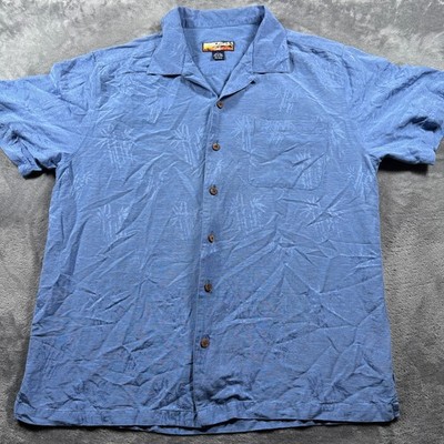 Havana Jack's Cafe Hawaiian Silk Shirt Mens Large Blue Palm Tree Coconut Surf