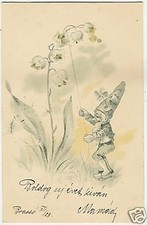 Gnomes, Gnome with a Big Flower, old embossed postcard
