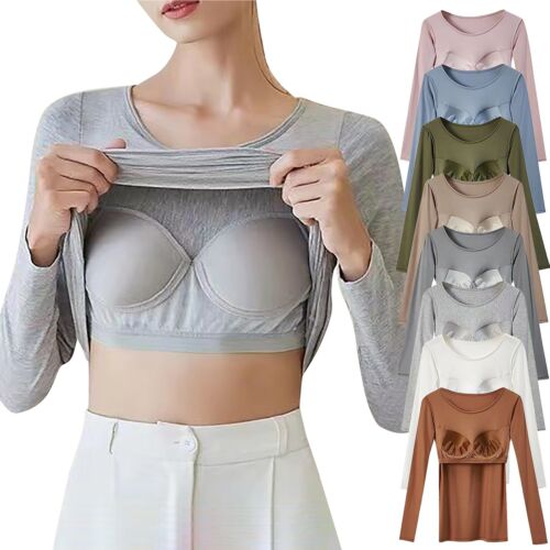Women's Built-in Bra Padded Active Camisole Long Sleeves Pajama Casual T-Shirt