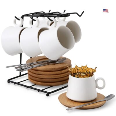 3oz Espresso Cup And Saucer Set Of 6 With Holder Spoon Coffee Cup Set Porcelain 