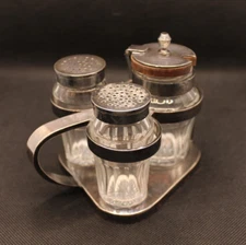 Art Deco Salt Pepper Shaker Set Toothpick Caddy Art. Krupp Berndorf Silver Plate