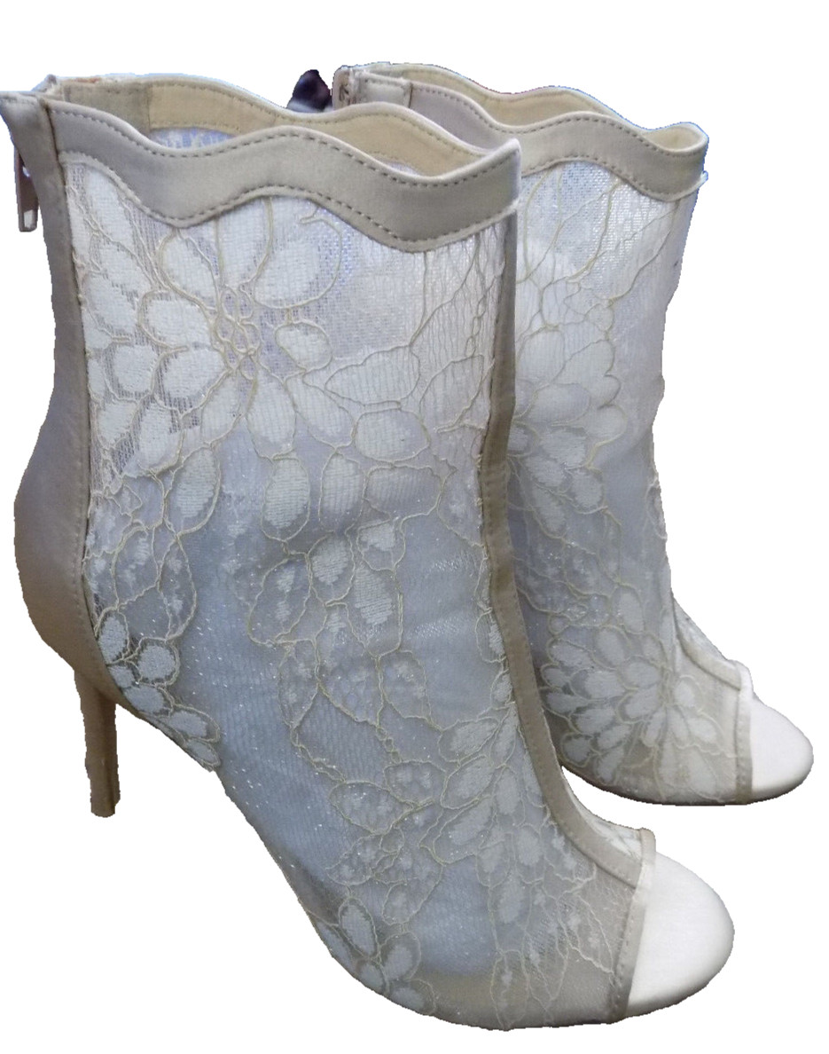 Sexy Botines LuIus Encaje Champagne Boda Cremallera Punta abierta 4" Tacones de aguja 7