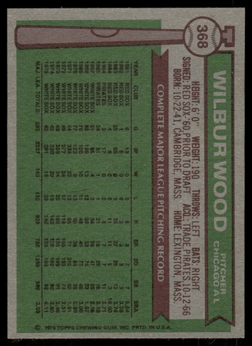 1976 Topps - Wilbur Wood #368 - Foto 2 di 2