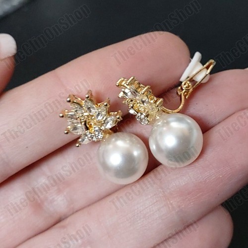 CLIP ON 2cm RETRO EARRINGS gold tone PEARL&CRYSTAL marquis rhinestone vintage - Picture 2 of 11