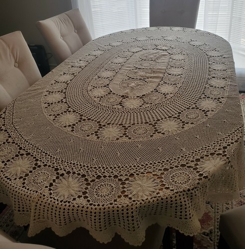 Vintage Oval Handmade Crochet Tablecloth approx 64x79