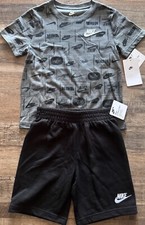NWT Nike Little Boys 7 Black/Gray/White All Over Logo Print Shorts Set
