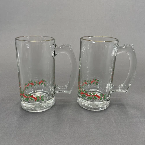 Libbey Glass Beer Mugs Set Of 2 Christmas Barware Holly Berry Holiday LRS3
