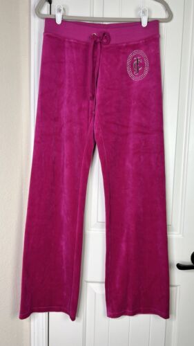 Pantaloni vintage Juicy Couture rosa caldo velluto track taglia S altezza bassa Y2K Bling JC Mono - Foto 1 di 14