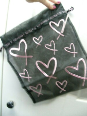 Victoria Secrets small Laundry/Bra Bag Black and Pink Hearts 11 1/2''x14''  NWT
