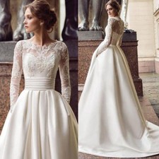 Elegant Long Sleeve Wedding Dresses Boat Neck Appliques Lace Satin Bridal Gowns