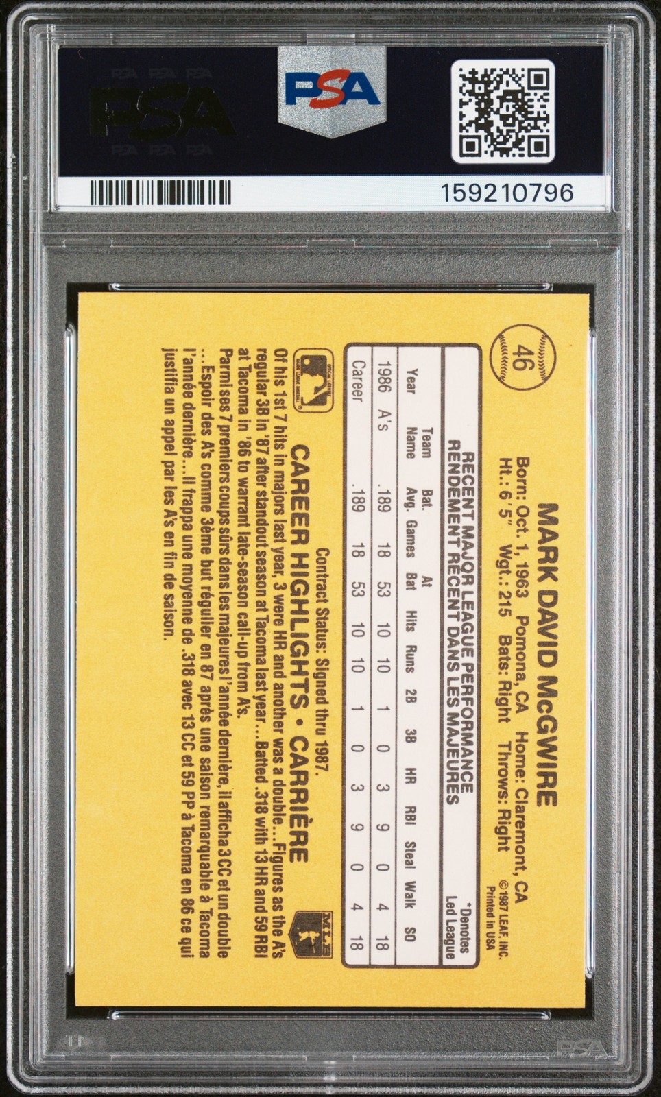 1987 LEAF #46 MARK MCGWIRE ROOKIE RC PSA 7 view 2