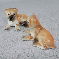 2x Pair Of Vintage Small Boxer Lying Dog Puppy China Figurine Ornament