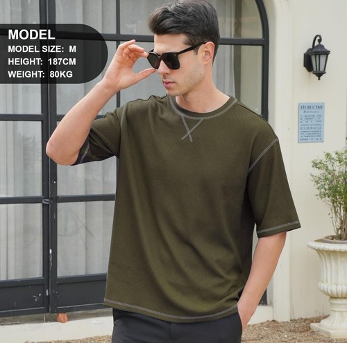 Men's Waffle Shirts Short Sleeve Crew Neck Tees Loose Fit Drop Size M New Fast - Picture 3 of 6