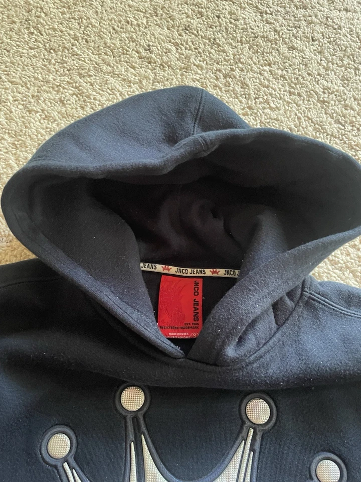 Sudadera con Capucha Bordada Logo Corona Jeans Y2K JNCO Años 90 De Colección Azul Talla Pequeña Foto 2 de 4