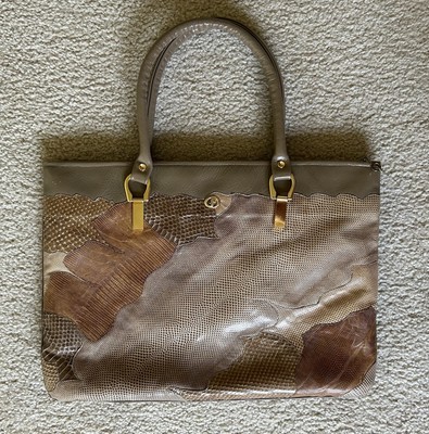 Vintage Carlo Fiori Snakeskin Beige Leather Handbag iPad Laptop Purse Italy
