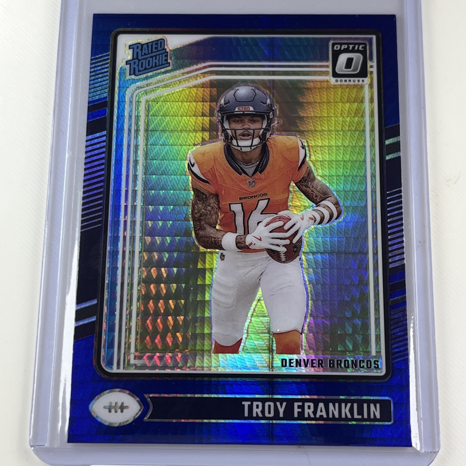 2024 Panini Donruss Optic Troy Franklin #294 Rated Rookie Blue Hyper RC Broncos
