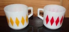Vintage Fire King Harlequin Mug Cup D Handle Red & Yellow Diamond Pattern