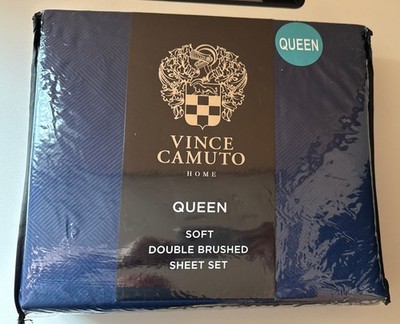 Vince Camuto Double Brushed Extra Softness DARK BLUE Queen 4 pc Sheet Set NEW