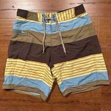 Patagonia Board Shorts Mens 31 9.5" Brown Stripe Colorblock Unlined Swim Trunks