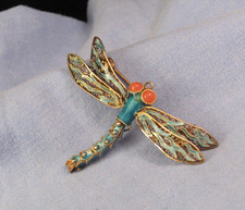 VINTAGE FILIGREE SILVER ENAMEL ARTICULATED DRAGONFLY PIN BROOCH CHINESE EXPORT