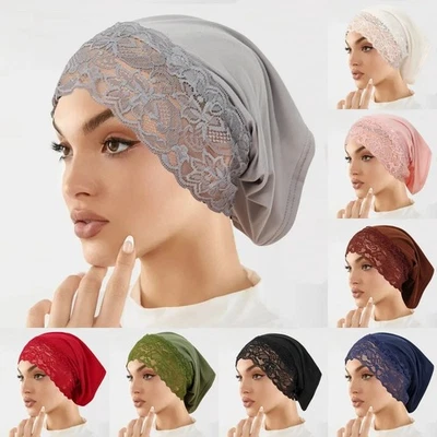 Women's Muslim Hijab Underscarf Cap Solid Lace Tube Bonnet Stretch Head Cover - Photo 1/4