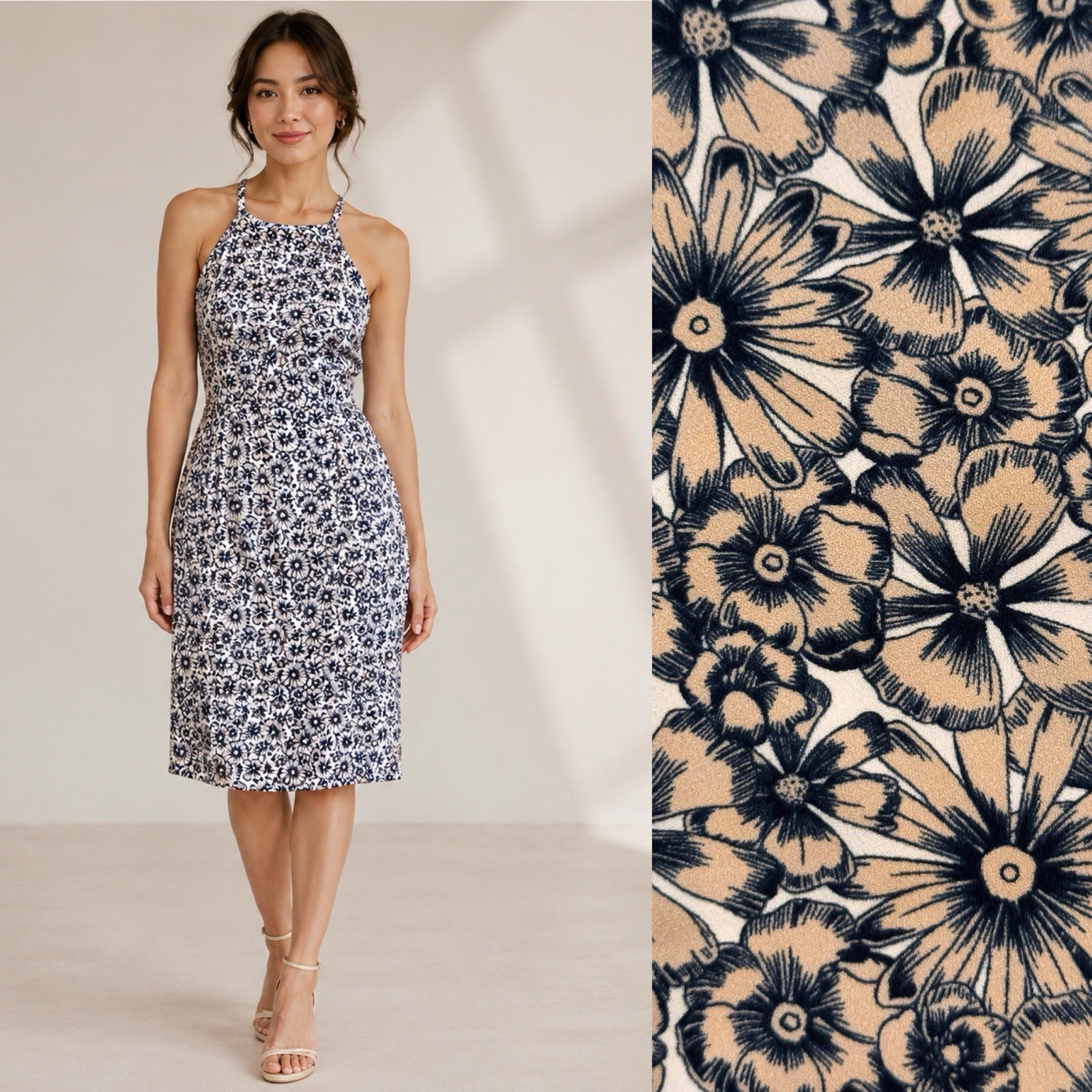 Banana Republic Sleeveless Floral Dress Size 0 Beige Navy Lined Midi NWOT