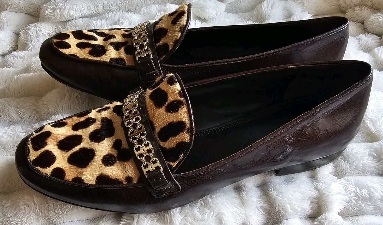 Tory Burch Women's 10M Brown Leather Calf Hair Gemini Loafers