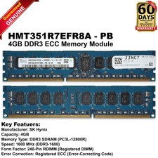 SK Hynix 32GB 8x4GB 1600MHz PC3L-12800R 2Rx8 Server Memory RAM HMT351R7EFR8A-PB