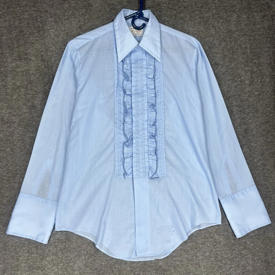Vintage 70s Arrow RSVP Shirt Mens M 15-32 Blue Tuxedo Ruffle dagger French Cuffs - Image 2 of 4