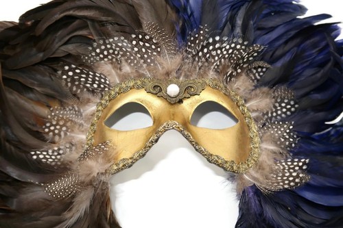 Mardi Gras 1/2 Blue 1/2 Brown Feathered Masquerade Venetian Eye Mask, 16" x 13" - Picture 3 of 8