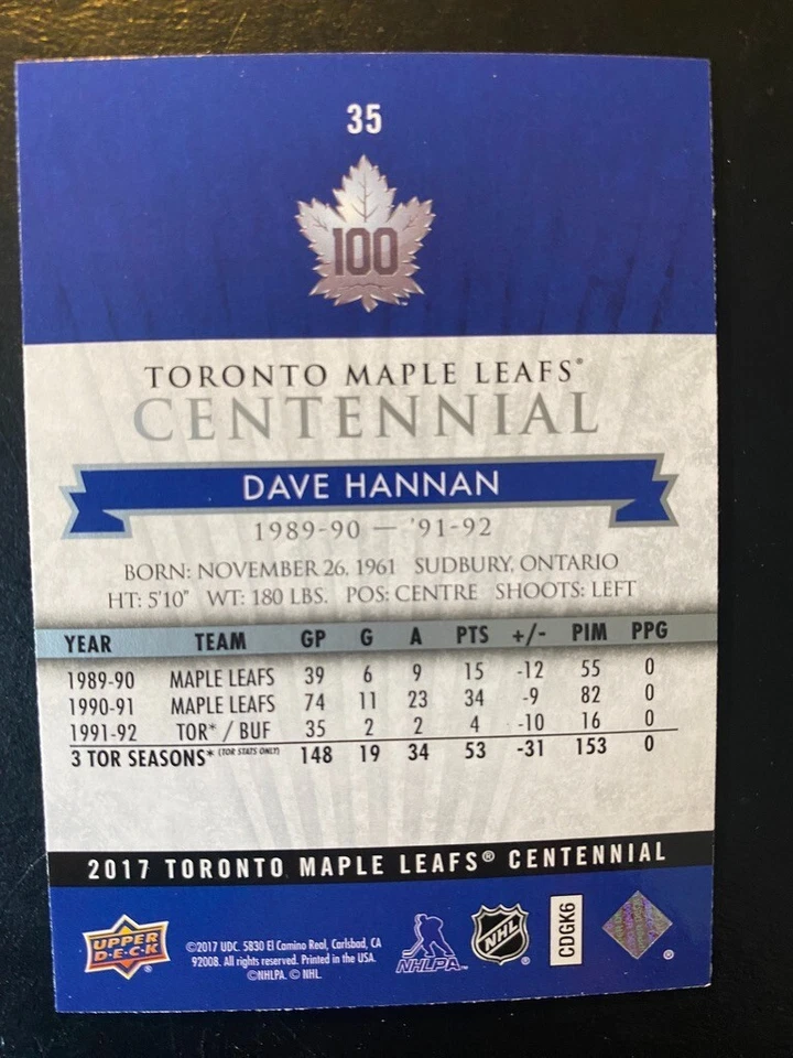 Dave Hannan 2017 Toronto Maple Leafs Centennial #35 - Image 2 of 2
