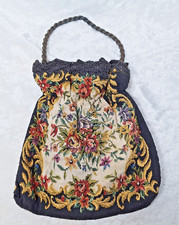 Vintage Black Tapestry Purse W/ Crocheted Trim Roses Floral