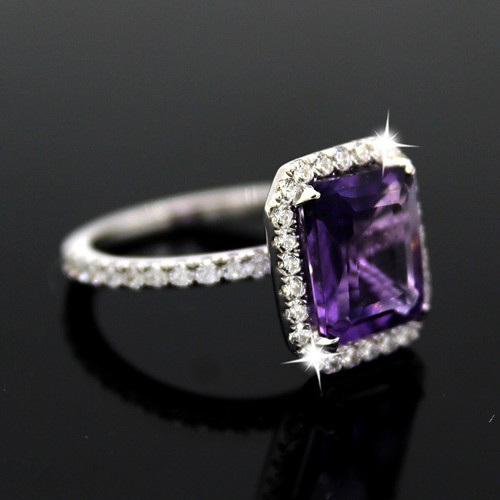 4CT Amatista Natural & Real Diamante Halo Compromiso Ring 14KT Oro Blanco Macizo - Imagen 5 de 10