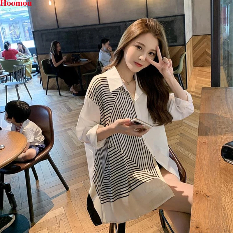 Korean Fashion Women Asymmetric Button Down Shirt Loose Casual Tops Blouse  Tunic