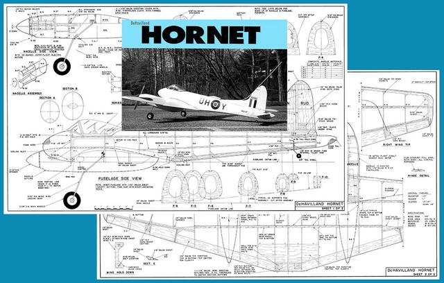 Model Airplane Plans (RC): DH-103 HORNET 58" Wingspan Sport-Scale Twin ...