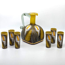 Mexican Decanter Blown Glass w/ 6 Shot Glasses Calla Lily Hand Painted Mexico