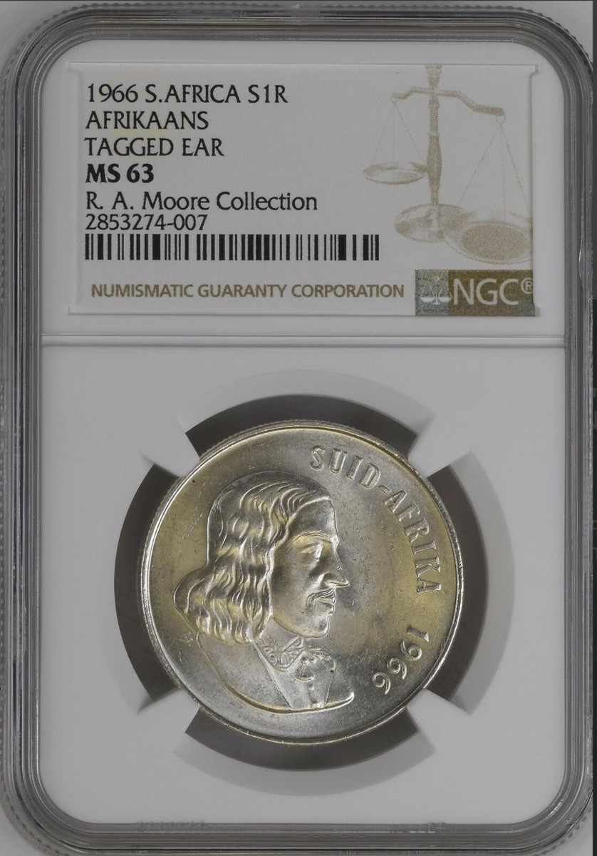 TAGGED EAR 1966 SILVER 1 rand MS 63 ngc south africa AFRIKAANS R1