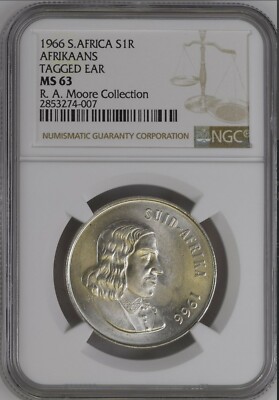 TAGGED EAR 1966 SILVER 1 rand MS 63 ngc south africa AFRIKAANS R1