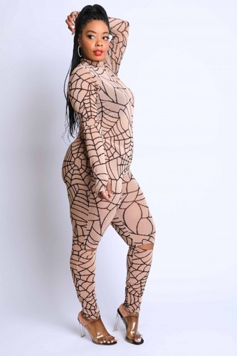 Plus Size Sheer Spider Web Long Sleeve Thumbhole Knee Slit Zip Jumpsuit 1X 2X 3X - Picture 12 of 19