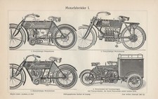 Motorcycles Motorbike Two Wheeler Wood Engravings around 1908 Side Car Corona Motorcycle