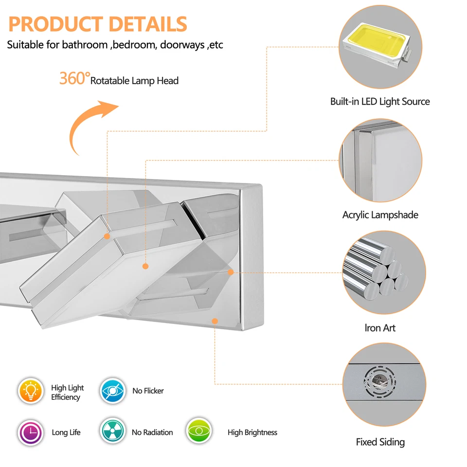 Lámpara de pared tocador de 47"" 6 luces LED moderna cromada para baño sobre espejo Foto 3 de 4