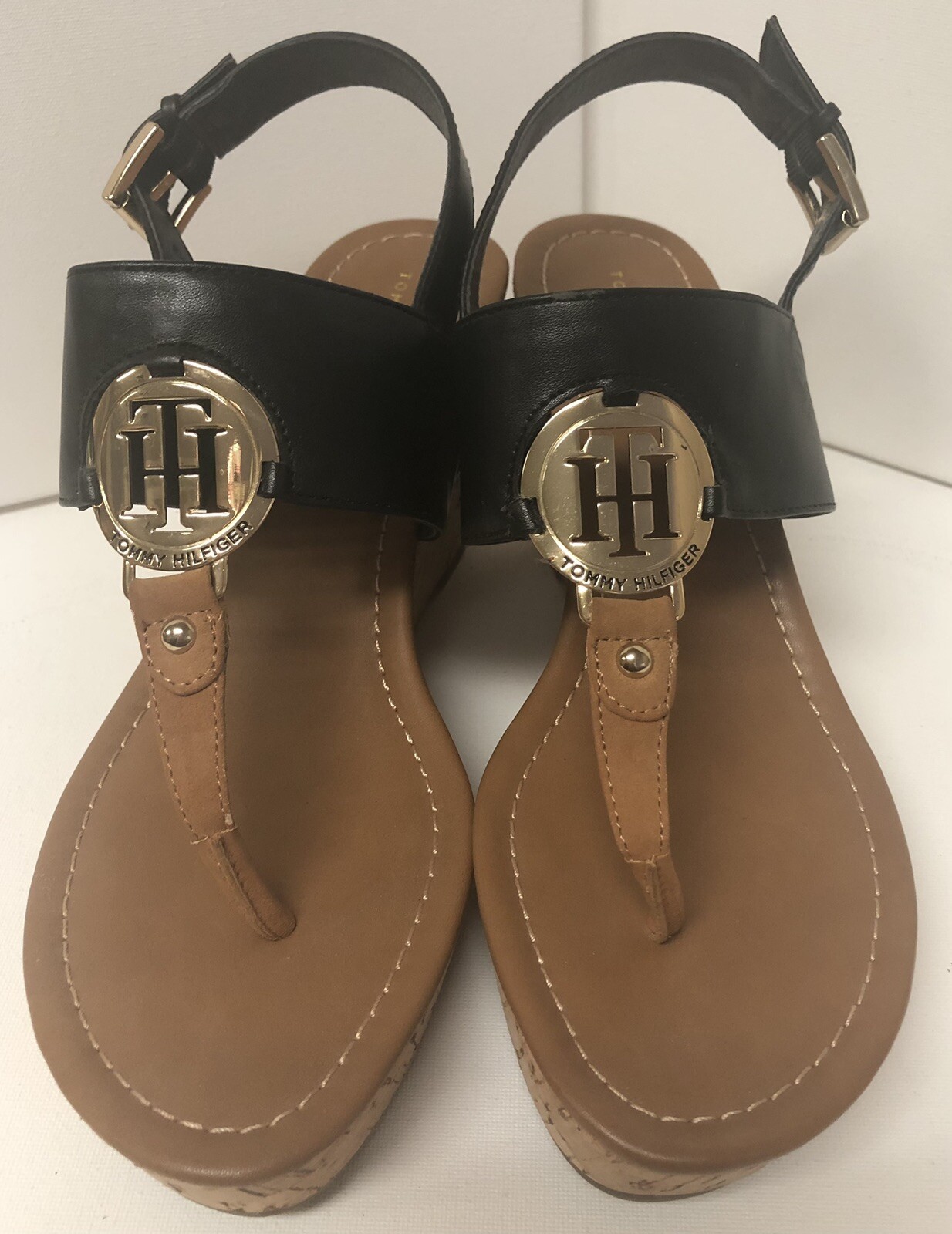 Tommy Hilfiger Black Wedge Strappy Sandals,Emblem Size 8M, New Without Box! Nice