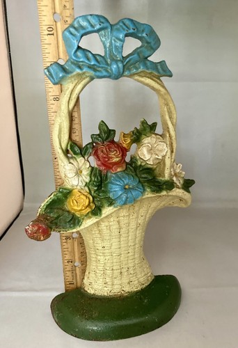 John Wright Cast Iron Doorstop Flower Basket 10" USA white red blue yellow green - Bild 9 von 12