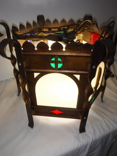 ANTIQUE~CATHOLIC CHURCH~GOTHIC STAINED GLASS HANGING LIGHT FIXTURE~CHRISTIAN - Picture 4 of 12
