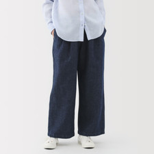 MUJI Womens Organic Cotton Linen Denim Easy Wide Pants Dark Navy FedEx