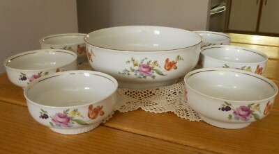 VINTAGE HENNEBERG PORZELLAN SERVING BOWL & 6 MATCHING BOWLS ~ BEAUTIFUL!