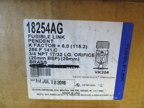 Viking Fusible Link Pendant Brass Fire Sprinkler 18254AG VK206 3/4" NPT 286ºF - Picture 4 of 4