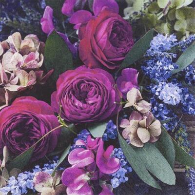 20 Servietten Rich Flowers  Blumen Bouquet Rosen Sommer  lila Tischdeko 33x33cm