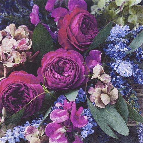 20 Servietten Rich Flowers Blumen Bouquet Rosen Sommer Lila Tischdeko 33X33Cm-image